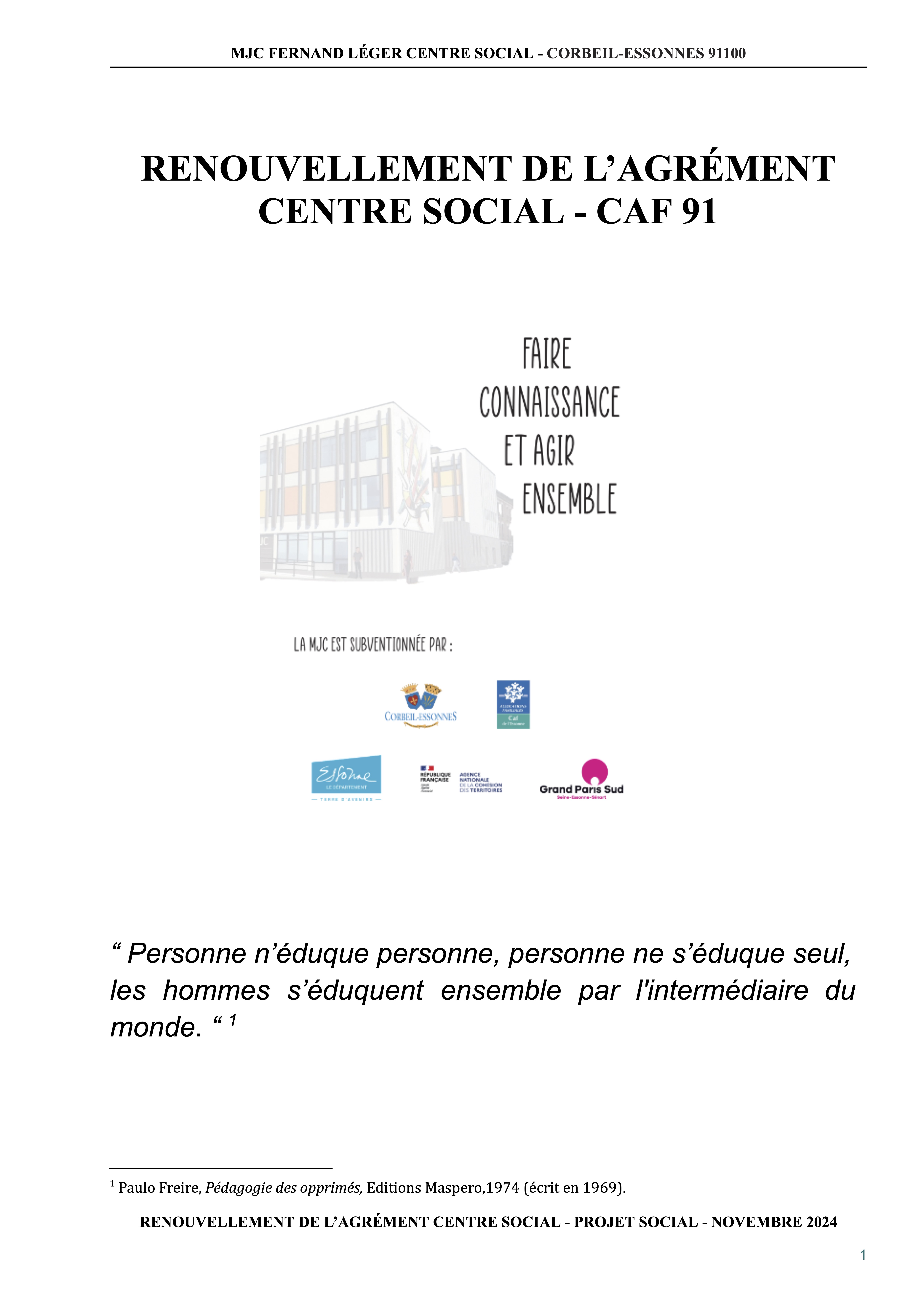 Projet social — renouvellement agrément centre social (document Calaméo, nouvel onglet)